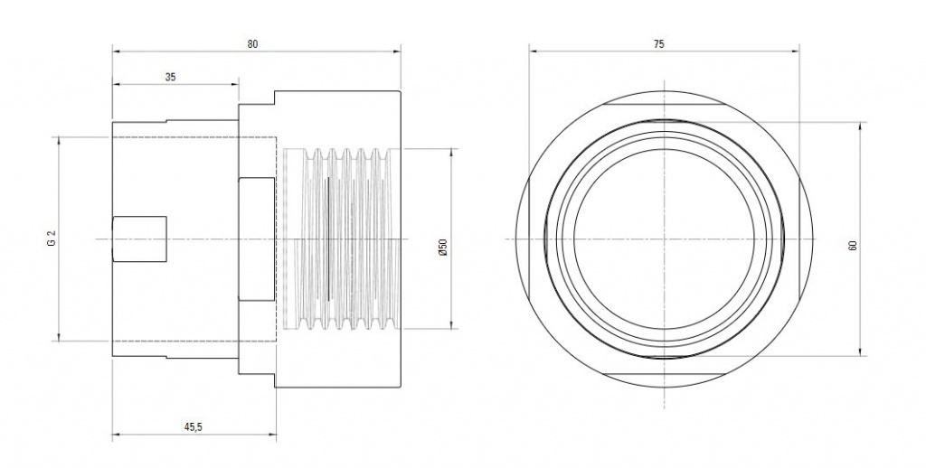 Схема разъемного переходника AIRnet на внутреннюю резьбу ISO 228 (для систем трубопровода сжатого воздуха). Диаметр 50 мм, резьбовой отвод 2.