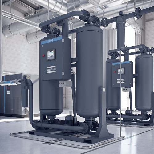 Atlas Copco BD 850+. Адсорбционный осушитель воздуха Atlas Copco с горячей регенерацией серии BD 850+ с точкой росы под давлением -40 °C и охлаждением с нулевыми потерями на продувку.