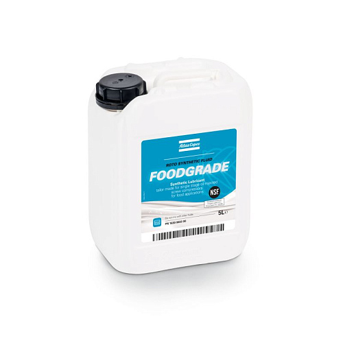 Roto Synthetic Fluid FOODGRADE. Компрессорное синтетическое масло для пищевой, фармацевтической и упаковочной промышленностей, используется в компрессорах Atlas Copco GA GX. Артикул: 1630083300. Диапазон температуры окружающей среды от 0 до +35 °C.